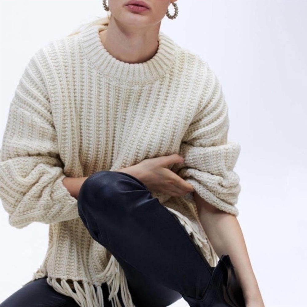 H&M Cream Ribbed Fringe Crewneck Sweater